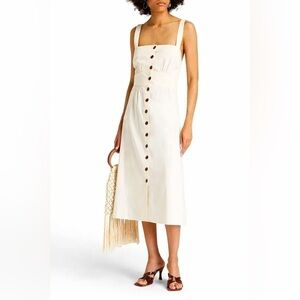 NWT BA&SH Open-Back Gathered Cotton-Poplin Midi Dress Ecru L